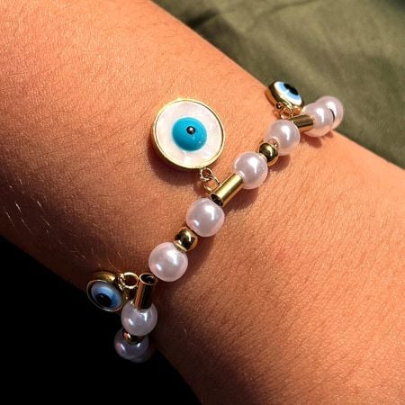 18K Gold Plated Pearl Protection Charm Bracelet